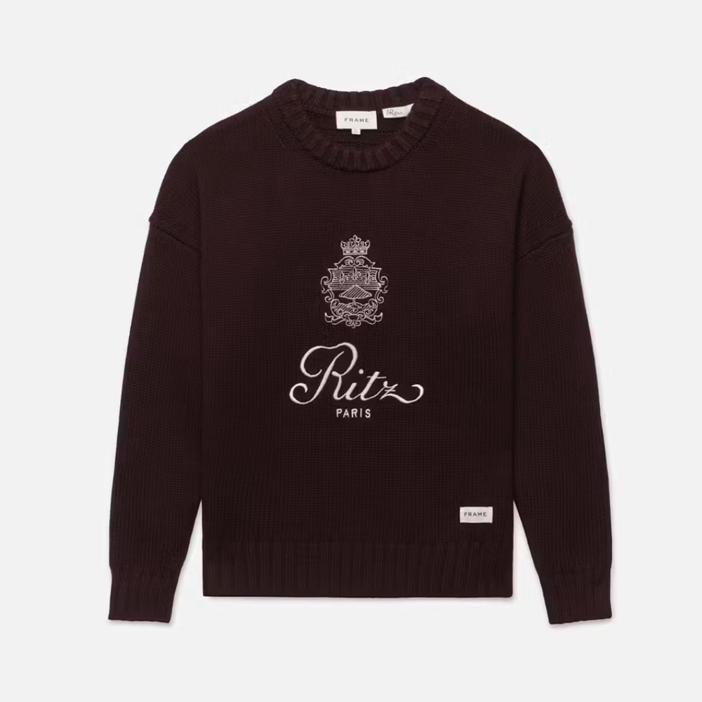 Frame Denim Ritz Paris Embroidered Crewneck Sweater in Deep Burgundy